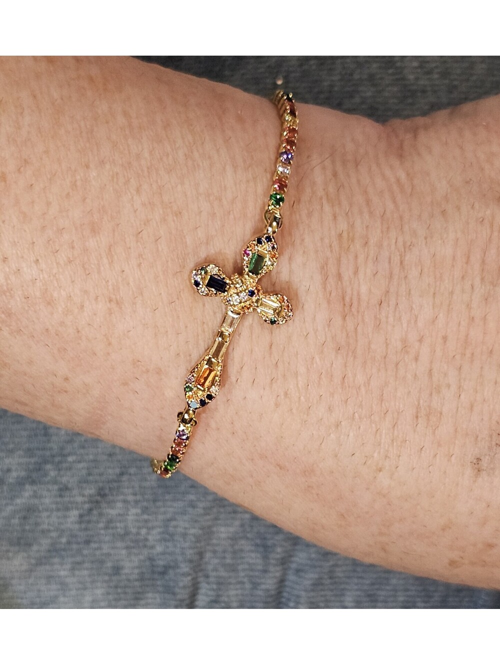 Multicolor CZ Cross Bracelet Gold-plated Adjustable Bolo Paperclip NWT